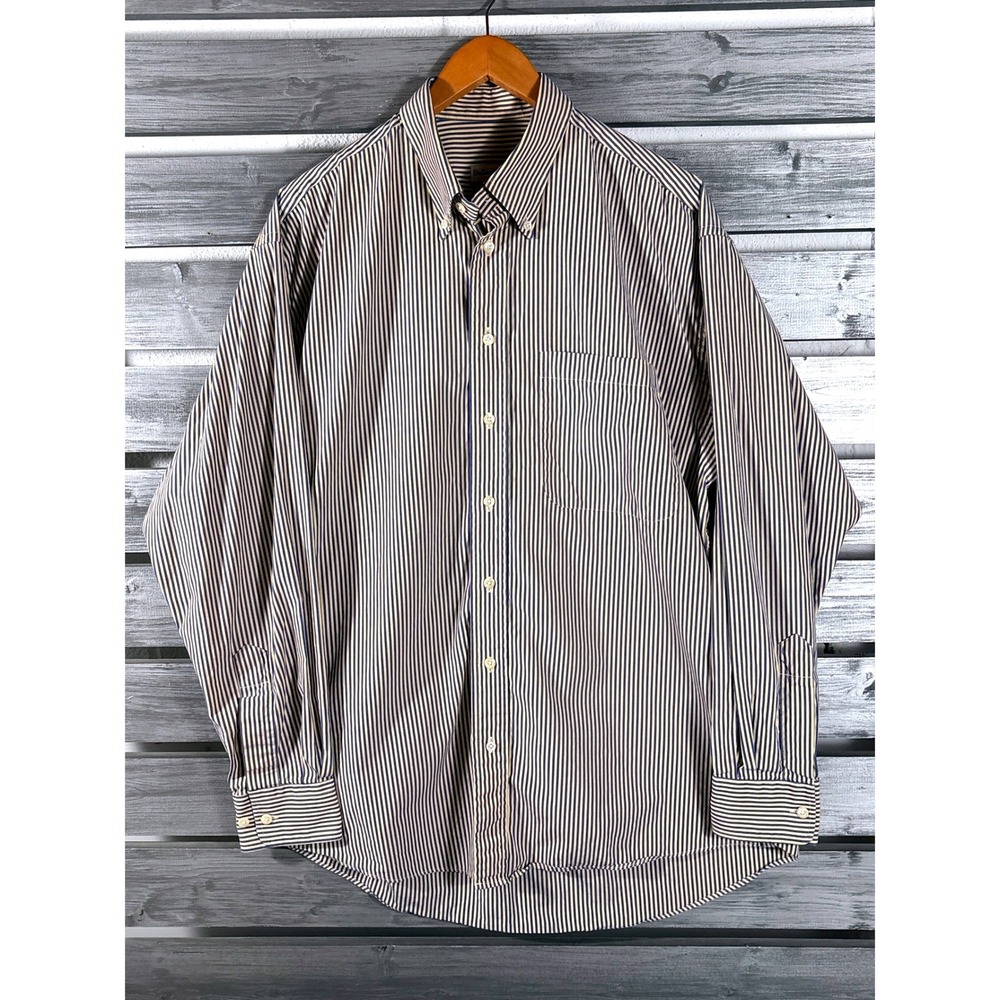 Vtg Bullock & Jones Men L Button Down Dress Shirt Peach/Blue Striped Long Sleeve